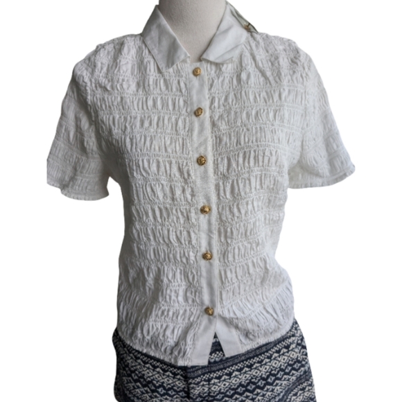 J.Crew White Smocked Cotton Voile Button Up Shirt NWT Size M Short Sleeve - Picture 4 of 9
